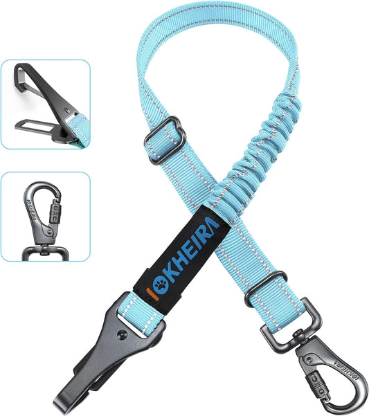 Dog Seat Belt 3-In-1 Car Harness for Dogs Adjustable Safety Seatbelt for Car Durable Nylon Reflective Bungee Fabric Tether with Clip Hook Latch & Buckle, Swivel Zinc Alloy Carabiner (Light Blue)