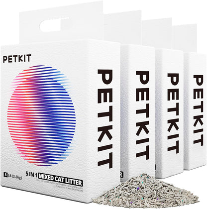 PETKIT Mixed 5 in 1 Cat Litter,Strong Clumping Cat Litters,Odor Control and Unscented Ultra Absorbent Water Flushable Bentonite Tofu Cat Litter,Dust-Free,8 lbs/Bag, Pack of 4