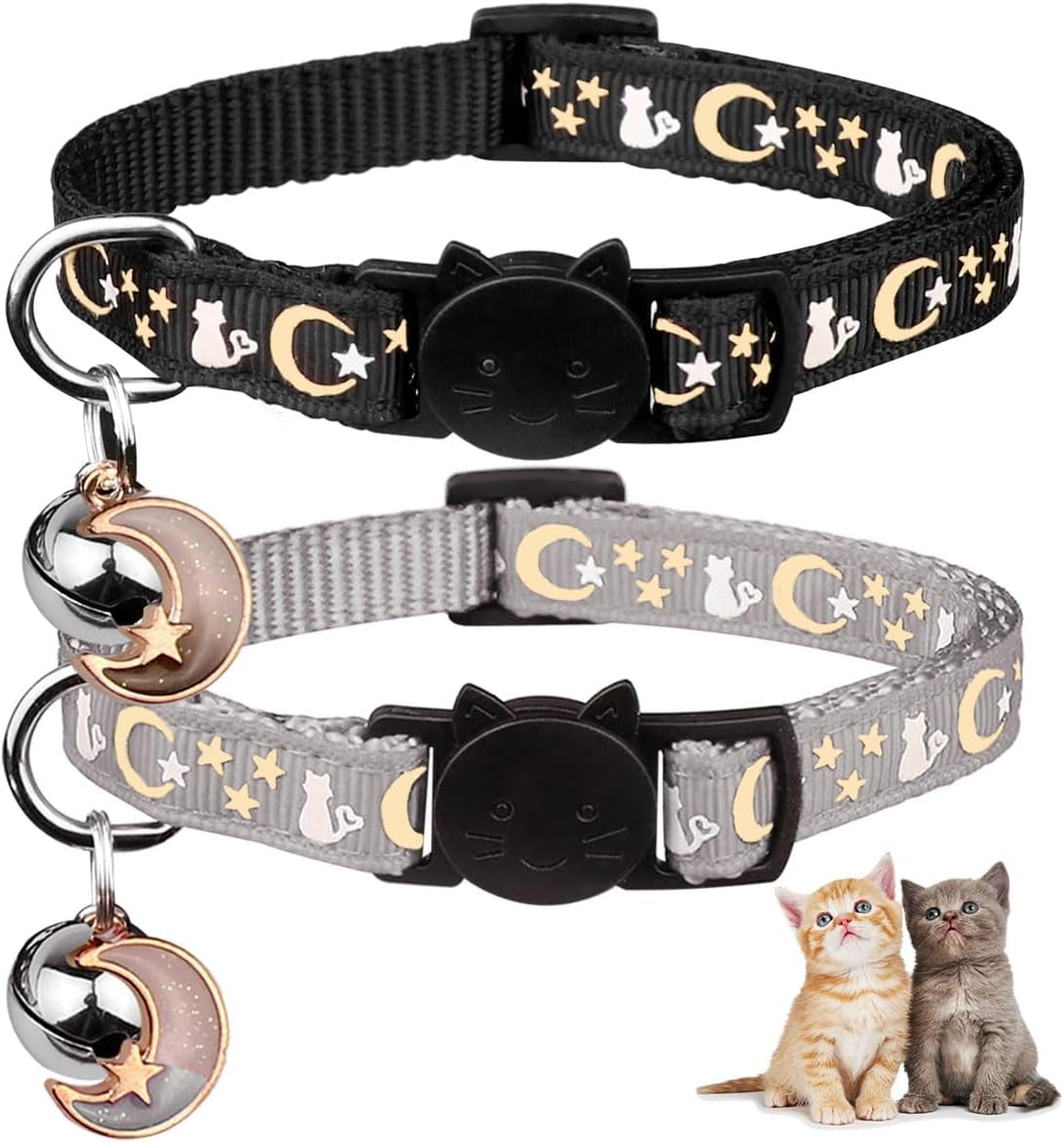 2PCS Breakaway Cat Collars with Bell Cute Kitty Glow in the Dark Adjustable Kitten Collars 7.9-13.0 Inch(Grey&Black)