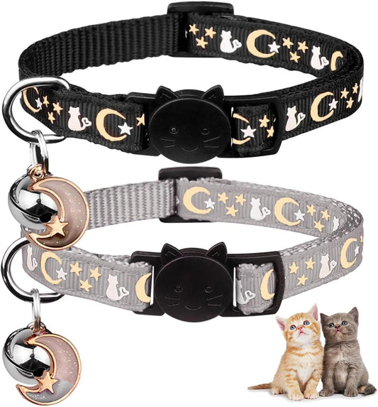 2PCS Breakaway Cat Collars with Bell Cute Kitty Glow in the Dark Adjustable Kitten Collars(Grey&Black)