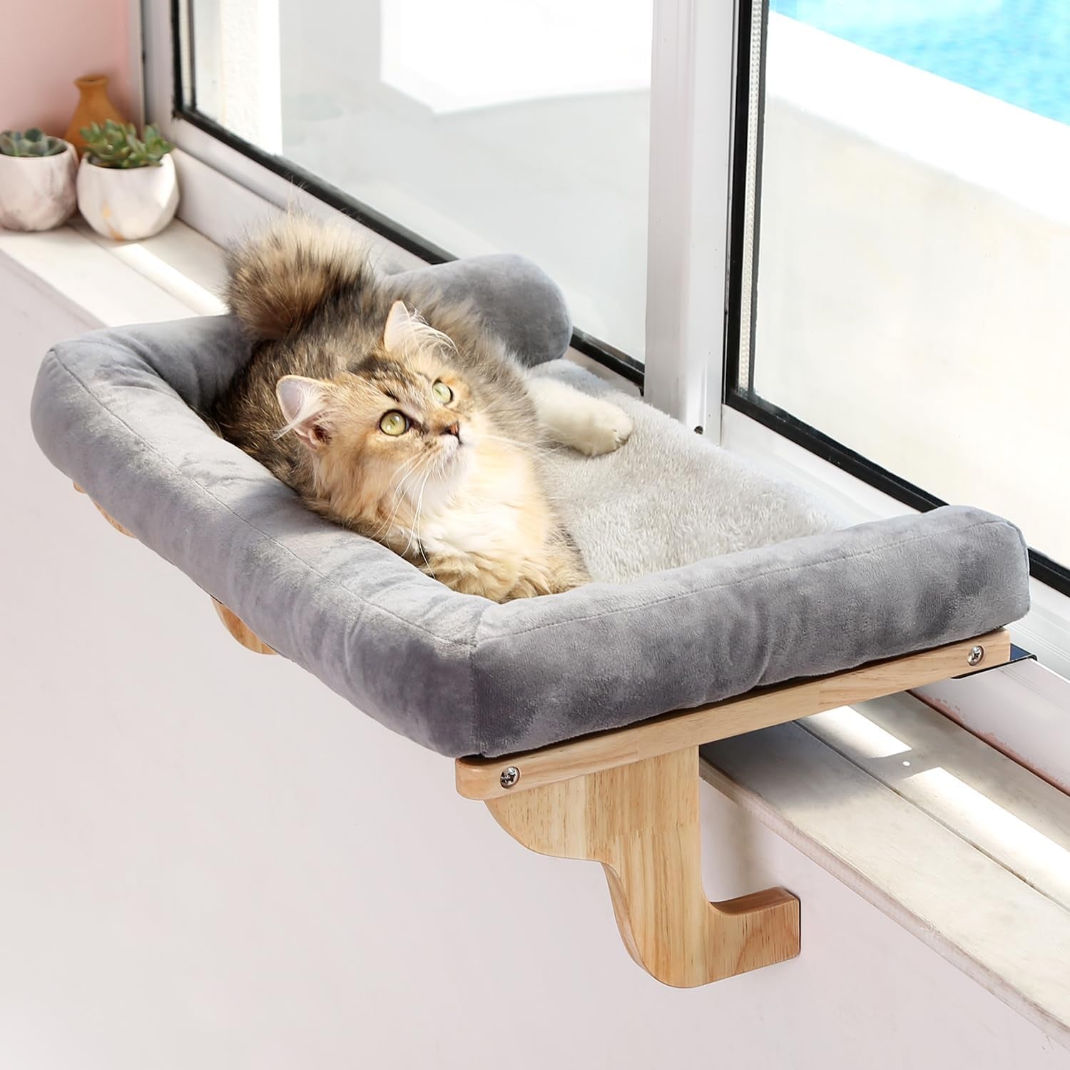 Cat Perch for Window Sill with Bolster - Orthopedic Hammock Design with Premium Hardwood & Robust Metal Frame - Cat Window Seat for Large Cats and Kittens - Nartural Color Wood with Gray Bed