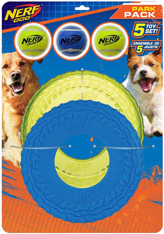 Nerf Dog 5-Piece Dog Toy Gift Set, Includes 2.5In Squeak Tennis Ball 3-Pack, 10In Translucent TPR Tire Flyer, and 10In TPR Tire Flyer, Nerf Tough Material, Green and Blue