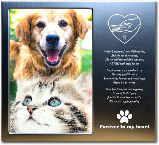 Pet Loss Gifts - Pet Memorial Gift (Opts) Personalized Metal - Sympathy Gift Memorial Picture Frame 4X6 for Loss of Dogs or Cats. (03A)