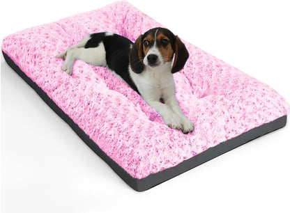 Deluxe Washable Dog Bed for Small Dogs Dog Crate Mat 24 Inch Comfy Fluffy Kennel Pad Anti-Slip for Dogs up to 25 Lbs, 24" X 17", Pink