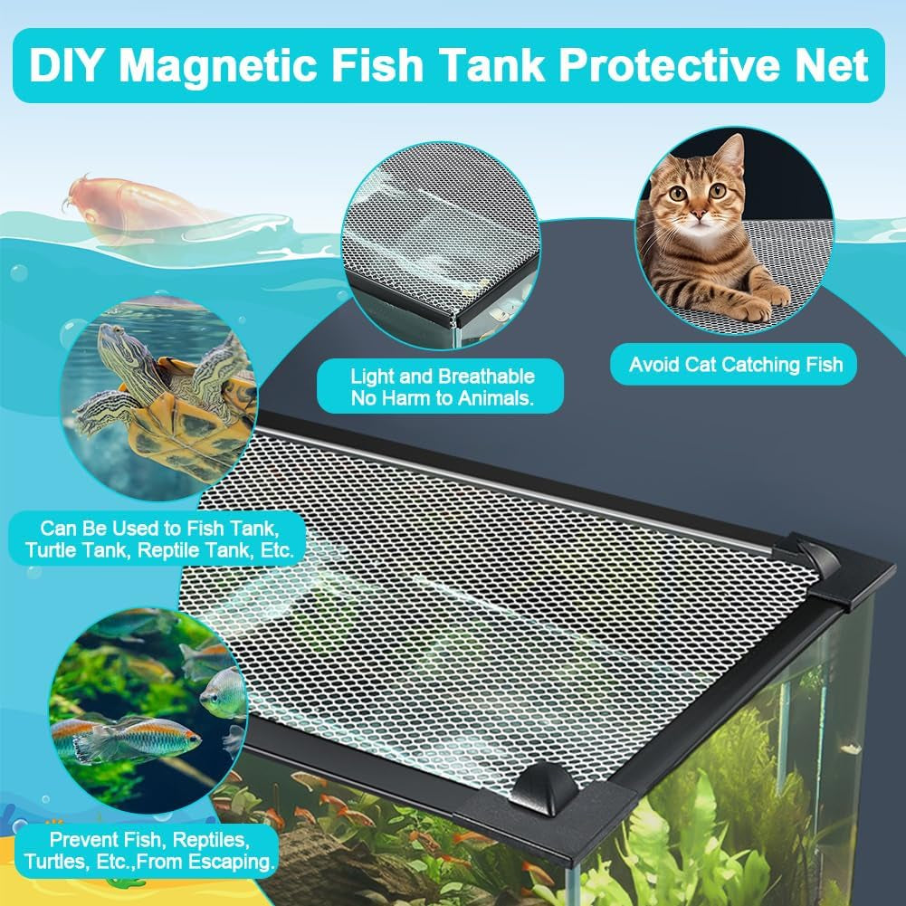 Magnetic Aquarium Cover Lid, DIY Fish Tank lid Anti-Jumping net Cover mesh Terrarium lid Aquarium Hood，Adjustable Size Fit Tank Size Max 35''X19''