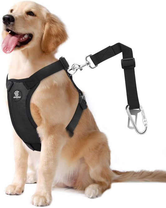 Dog Vehicle Safety Vest Harness, Adjustable Soft Padded Mesh Car Seat Belt Leash Harness with Travel Strap and Carabiner for Most Cars, Size Large, Black