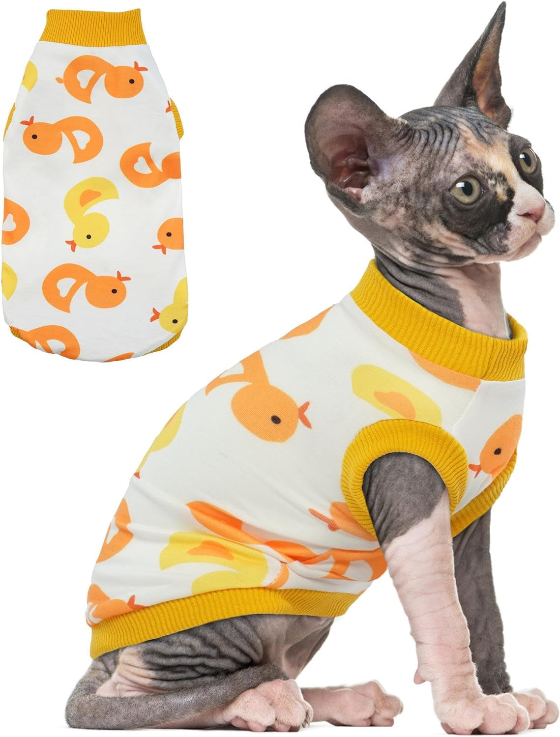 PUMYPOREITY Sphynx Cat Clothes, Stretchy Cat Sweater, Soft Hairless Cats Shirt, Pullover Cat Pajamas, Cat Turtleneck for Sphynx Cornish Rex, Devon Rex, Yellow, XL