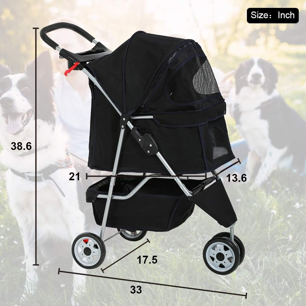 Bestpet 3 Wheels Pet Stroller Dog Cat Cage Jogger Stroller for Medium Small Dogs Cats Travel Folding Carrier Waterproof Puppy Stroller with Cup Holder & Removable Liner,Black