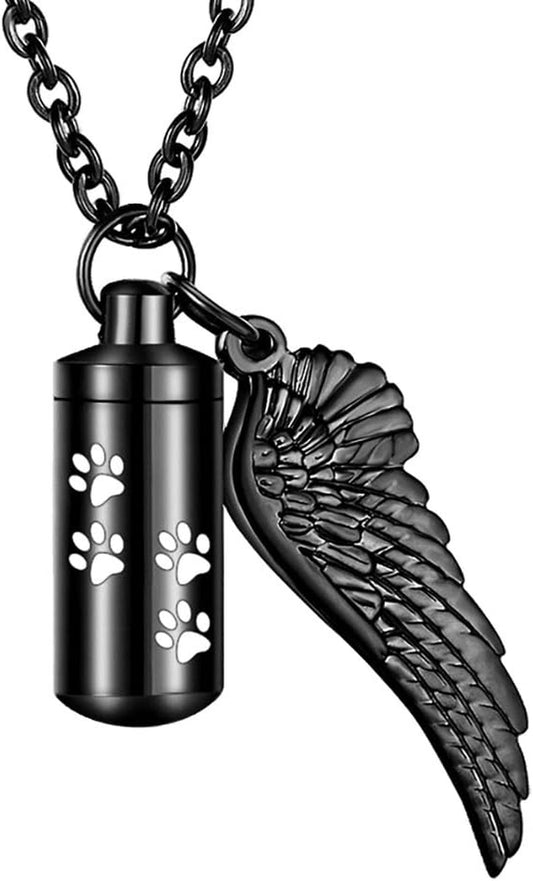 Abooxiu Cylinder Cremation Necklace for Pet Ashes Urn Necklace with Angel Wing Pet Paw Ashes Necklace for Dog/Cat Pet Memorial Keepsake Jewelry