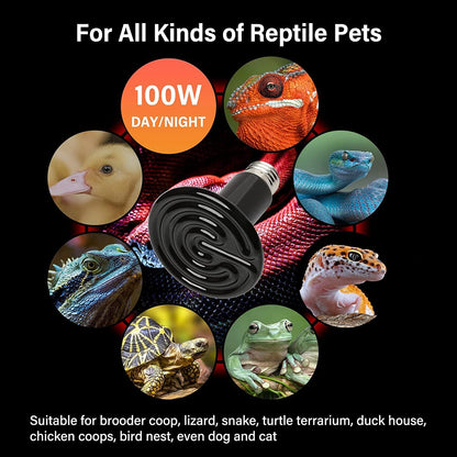 HealSmart Reptile Heat Lamp 100W 2-Pack Ceramic Heat Emitter, No Light Emitting Heat Bulbs for Amphibian Pet Brooder Coop Incubating Chicken, Lizard Bearded Dragon Turtle Snake Terrarium Black