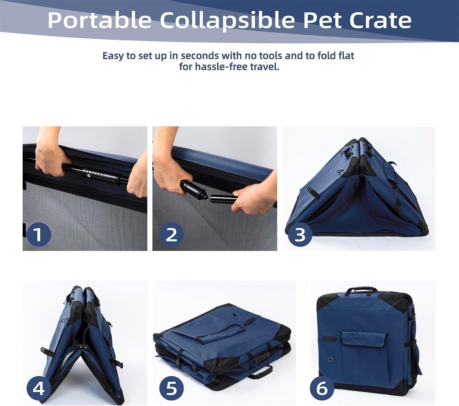 Pettycare 20 Inch Collapsible Dog Crate with Curtains, Travel Dog Crate for Airflow and Calm, Soft Pet Dog Kennel with Portable Bag and More Chew Proof Mesh, Indoor Outdoor, Navy Blue+4 Door Curtains