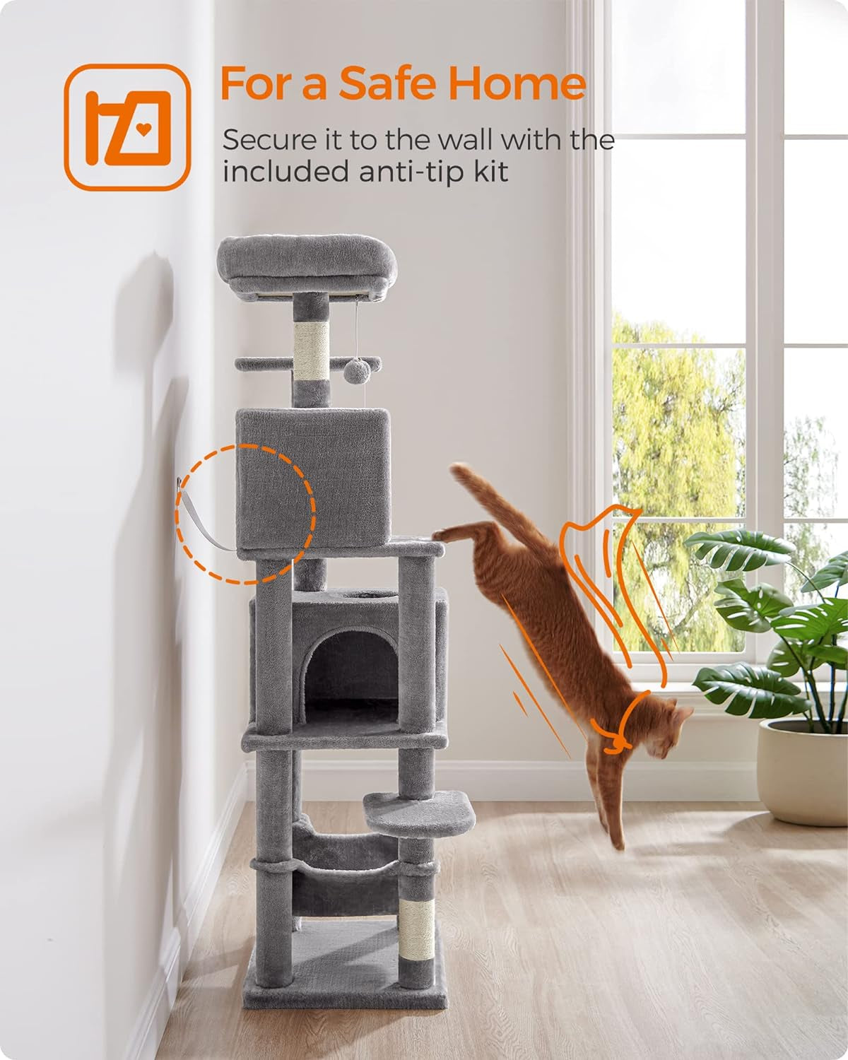 Feandrea Cat Tree, 61-Inch Cat Tower for Indoor Cats, Plush Multi-Level Cat Condo with 5 Scratching Posts, 2 Perches, 2 Caves, Hammock, 2 Pompoms, Light Gray UPCT192W01