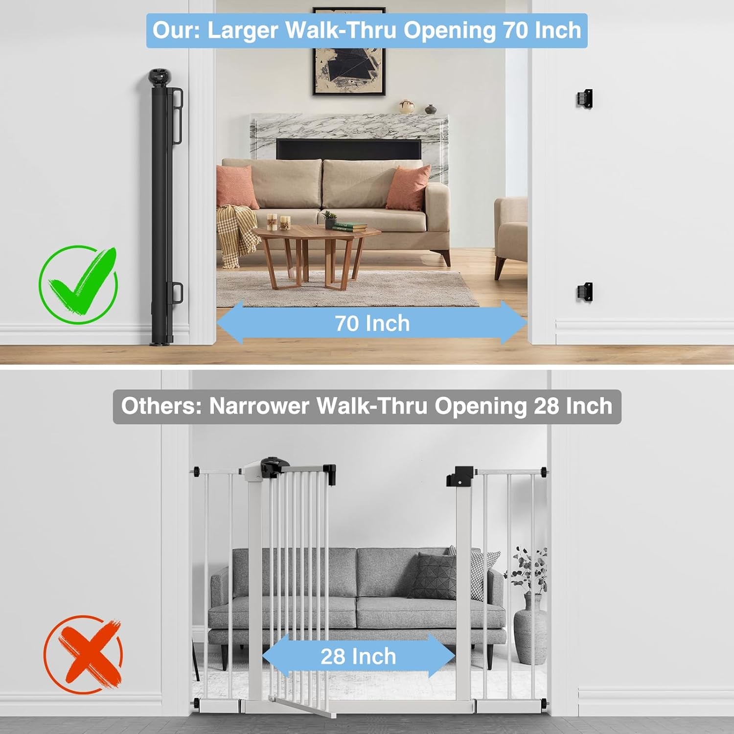 Retractable Baby Gates for Stairs, Probebi Retractable Dog Gate Indoor Extends to 110" Wide 34" Tall, Child Gates for Doorways, Stair Gate Use for Outdoor, Hallways, Doorways, Deck, Porch