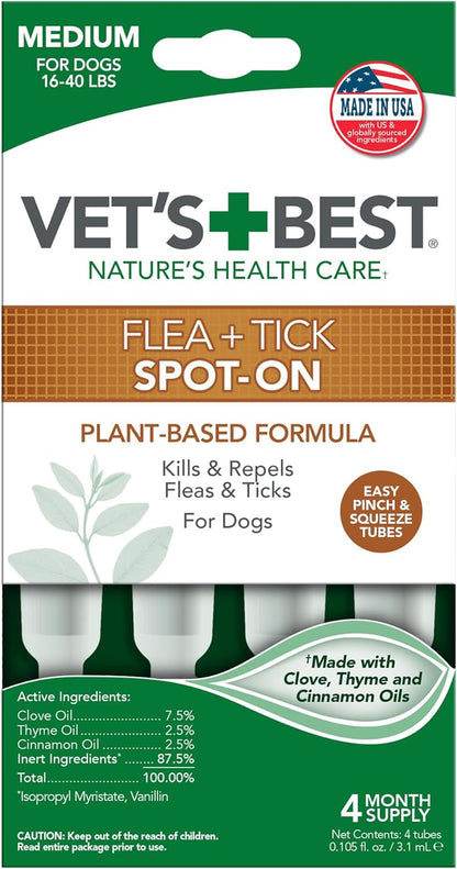 Vet'S Best Flea & Tick Spot-On Drops - Topical Flea & Tick Prevention for Dogs - Plant-Based Formula - Certified Natural Oils - for Medium Dogs - 4 Mo Supply