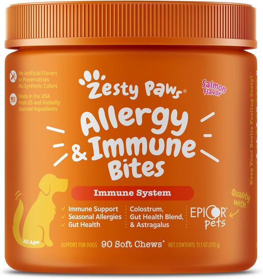 Zesty Paws Dog Allergy Relief - anti Itch Supplement - Omega 3 Probiotics for Dogs - Digestive Health - Soft Chews for Skin & Seasonal Allergies - with Epicor Pets - Salmon 90 Count