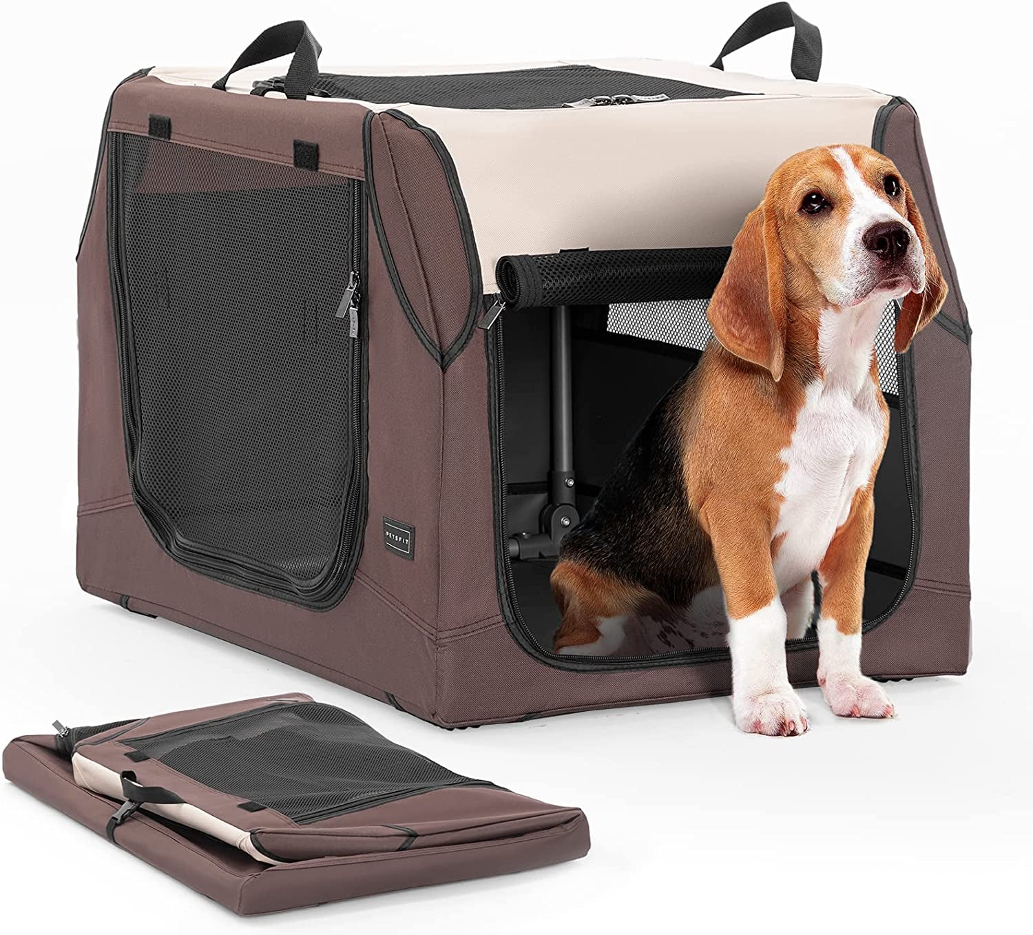 Petsfit 30 Inch Dog Kennel Outdoor, Adjustable Fabric Cover by Spiral Iron Pipe, Chew Proof 3 Door Design, Portable Collapsible Dog Crate Brown