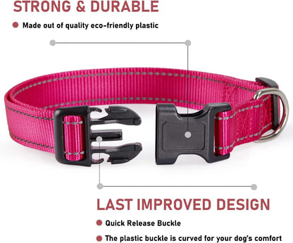 Reflective Dog Collar with Buckle Adjustable Safety Nylon Collars for Small Medium Large Dogs, Red XXS