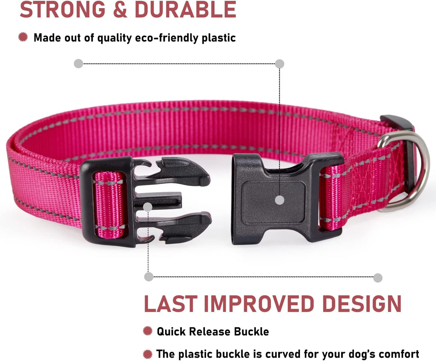 Reflective Dog Collar with Buckle Adjustable Safety Nylon Collars for Small Medium Large Dogs, Hotpink XXS