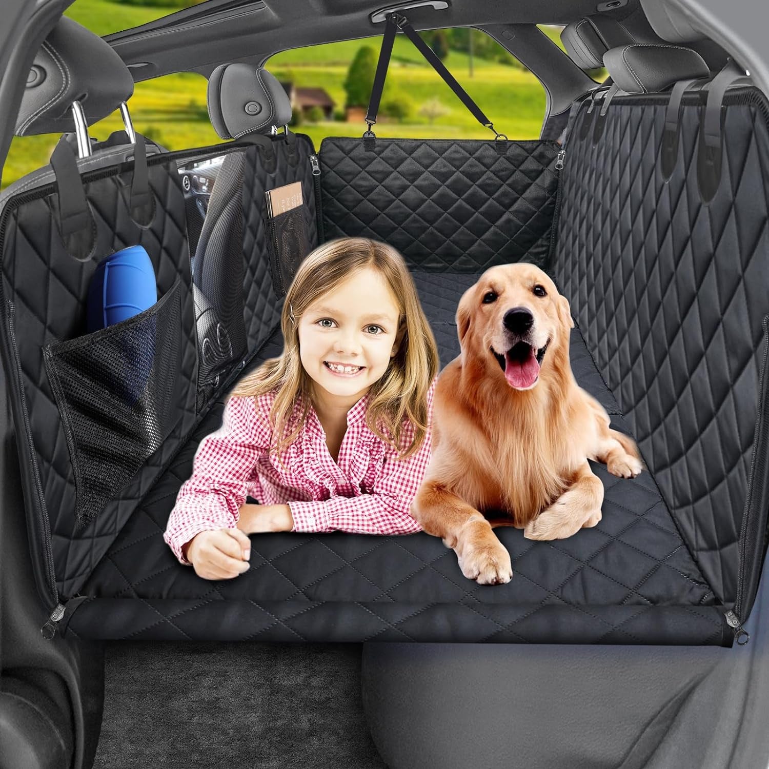 URPOWER Back Seat Extender for Dogs, Dog Car Seat Cover with Hard Bottom Dog Car Seat Bed Waterproof Dog Hammock for Car Pet Backseat Protector with Mesh Window and Storage Pocket for Car, SUV