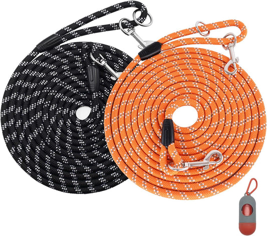 (2 Pack) Long Dog Leash for Dog Training 15FT/30FT/50FT, Dog Rope Check Cord with Reflective Thread for Large Medium Small Dogs, Dog Tie-Out Cable Lead for Hunting, Camping&Backyard