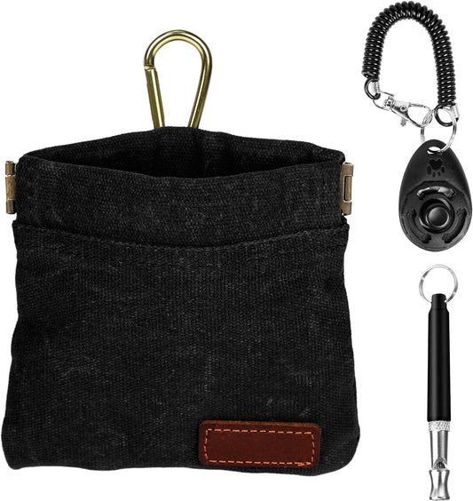 Dog Treat Pouch Training Kit with Clicker, Small Puppy Treat Bag with Clip, Hands Free Auto Closure Pouches with Dog Clicker and Silent Whistle for Pet Training (Black)