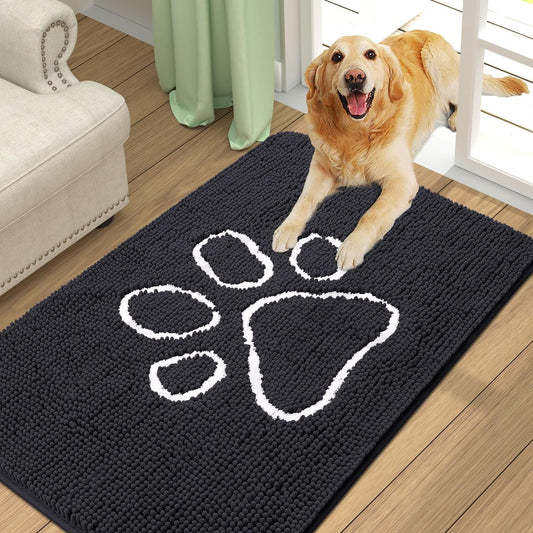 Smiry Dog Door Mat for Muddy Paws, Absorbent Dirt Trapper Non-Slip Washable Mat, Quick Dry Chenille, Mud Mat for Dogs, Entry Indoor Door Mat for inside Floor (36X24 Inches, Black)