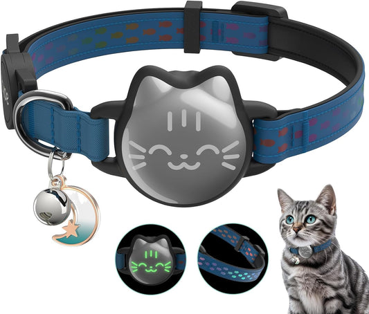 Waterproof Airtag Cat Collar, Breakaway Cat Airtag Collar with Luminous & Reflective Pattern Strap, Lightweight Kitten Collar for Apple Air Tag, Hidden Holder for GPS Tracker - Cats, Kittens (9-13")