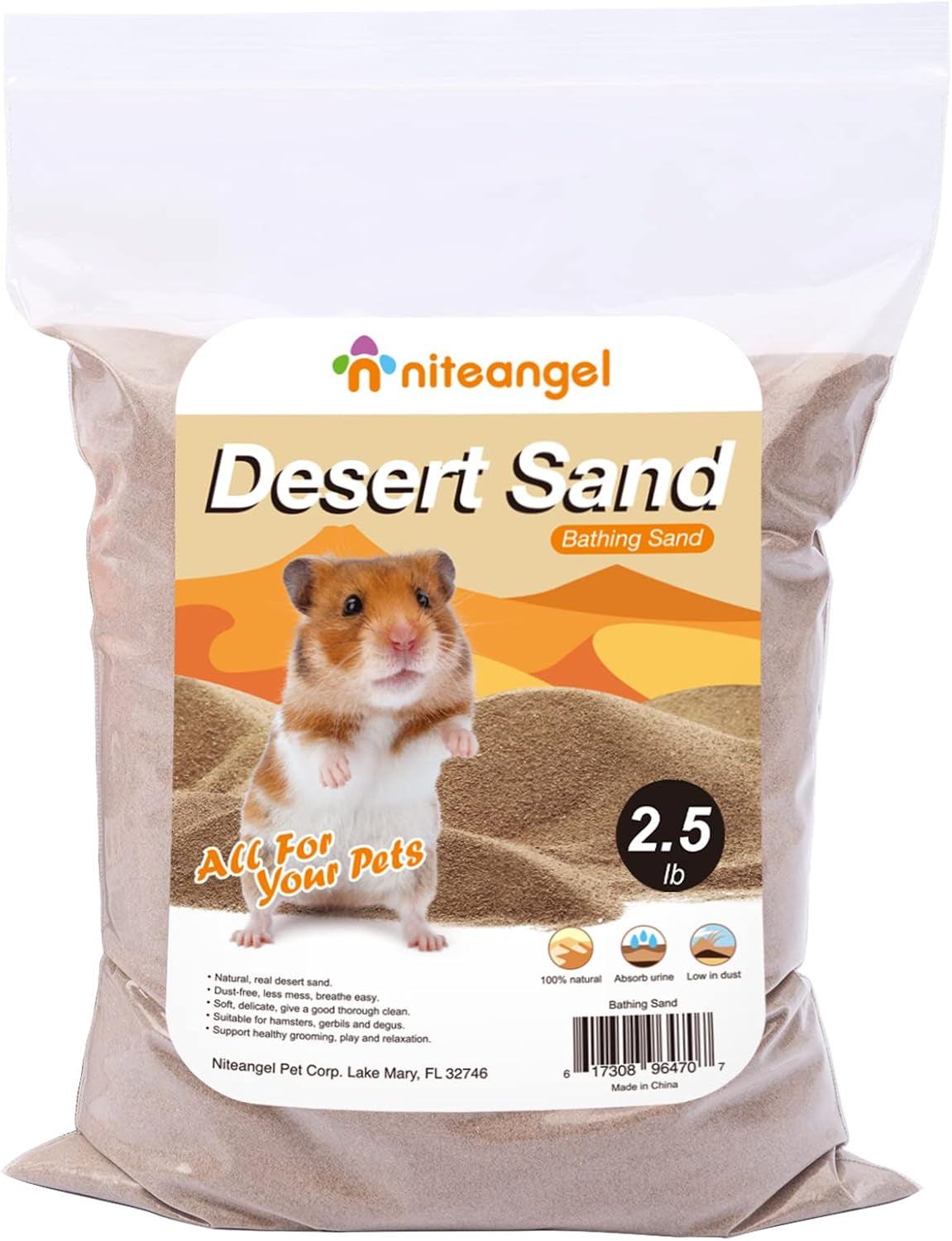 Niteangel Hamster Desert Bath Sand | No-Dust Bath or Potty Litter Sand for Hamster Chinchillas Gerbil Mice Degu or Other Small Pets (2.5LB, Desert Sand)