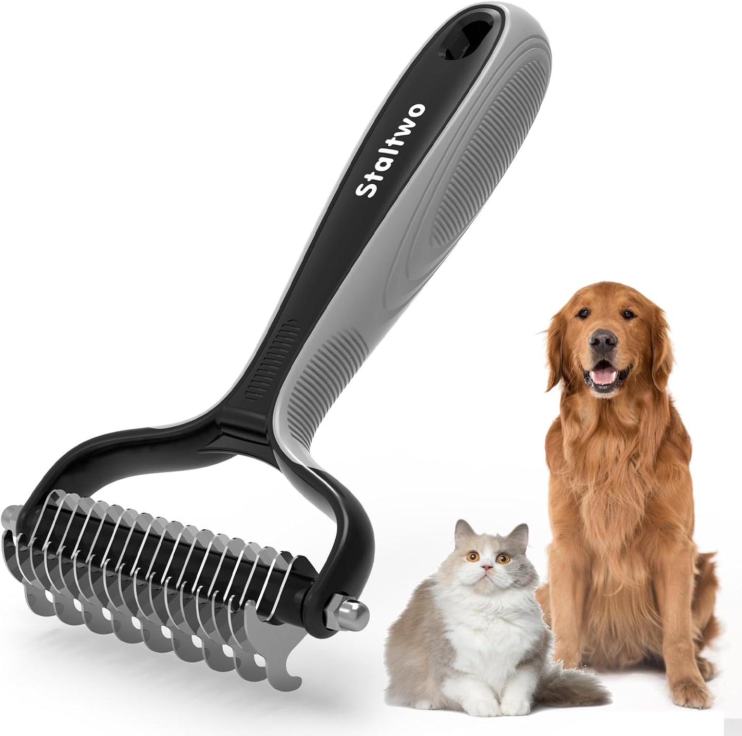 Pet Grooming Supplies - 2-In-1 Professional Undercoat Rake and Pet Brush | Shedding Control for Long-Haired Dogs and Cats, Deshedding Tool, Knot Removal,Grey