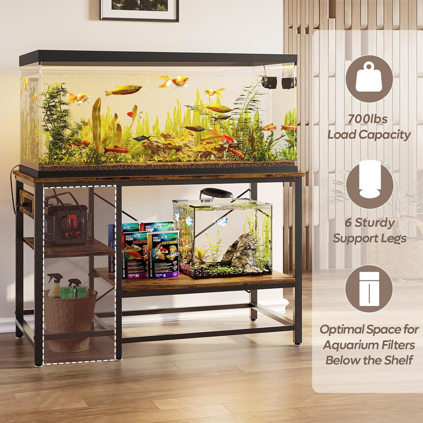 Bestier 55 Gallon Fish Tank Stand with Power Outlet, 49x13 Metal Aquarium Stand, 6-Leg Reptile Tank Stand with 3-Tier Adjustable Storage Shelves, 700LBS Capacity