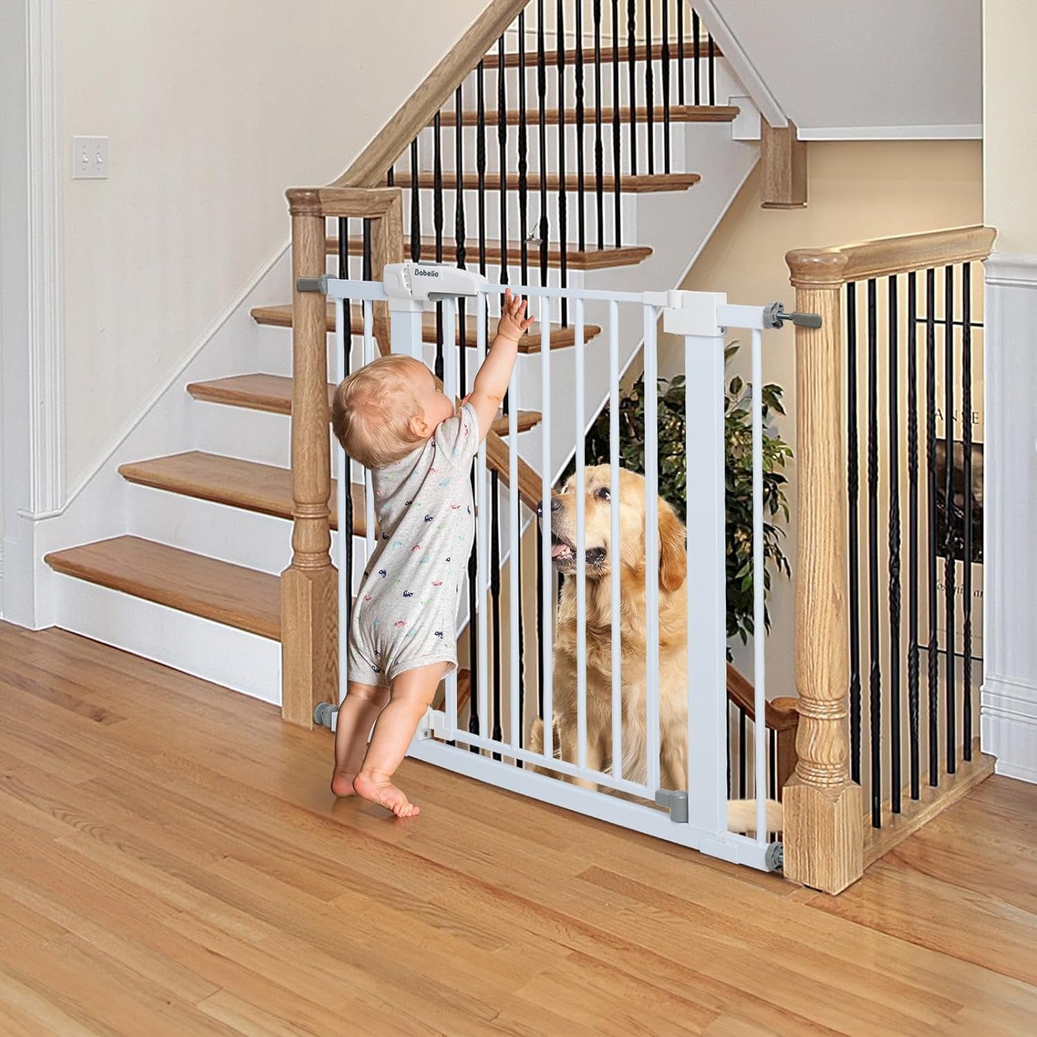 Babelio Metal Baby Gate, 29-43'' Auto Close Easy Install Pet Gate, Extra Wide Walk Thru Child Safety Gate, 30'' Tall Pressure Mounted Dog Gate for Doorways & Stairs, White