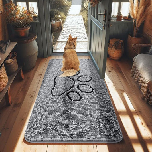 Smiry Dog Door Mat for Muddy Paws, Absorbent Dirt Trapper Non-Slip Washable Mat, Quick Dry Chenille, Mud Mat for Dogs, Entry Indoor Door Mat for inside Floor (48X28 Inches, Grey)