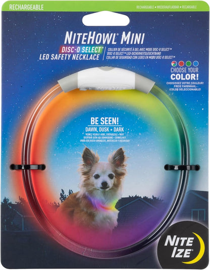 Nite Ize Nitehowl Mini Rechargeable LED Safety Necklace, Disc-O Select - Rechargeable Light up Dog Necklace with LED Lights - Dog Accessories with Rechargeable Batteries - Mini, Disc-O Select