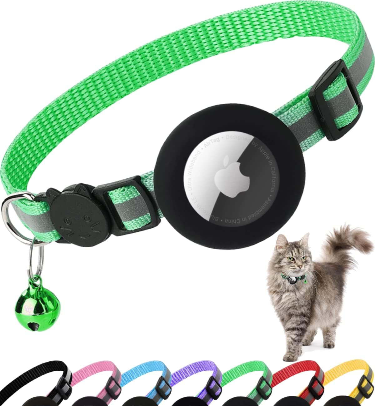 Airtag Cat Collar Breakaway, Reflective Kitten Collar with Apple Air Tag Holder and Bell for Girl Boy Cats, 0.4 Inches in Width and Lightweight(Green)