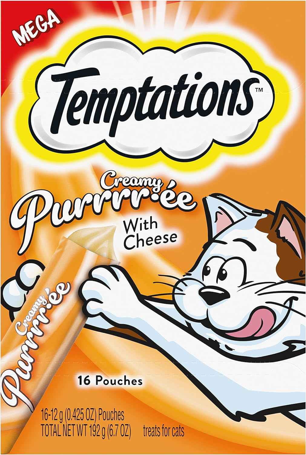 Temptations Creamy Puree with Cheese Lickable, Squeezable Cat Treats, 0.42 Oz Pouches, 16 Count