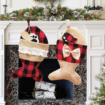 YELAIVP Pet Christmas Stockings for Cats Burlap Plaid Holiday Hanging Fish Socks Fireplace Tree Christmas Decoration