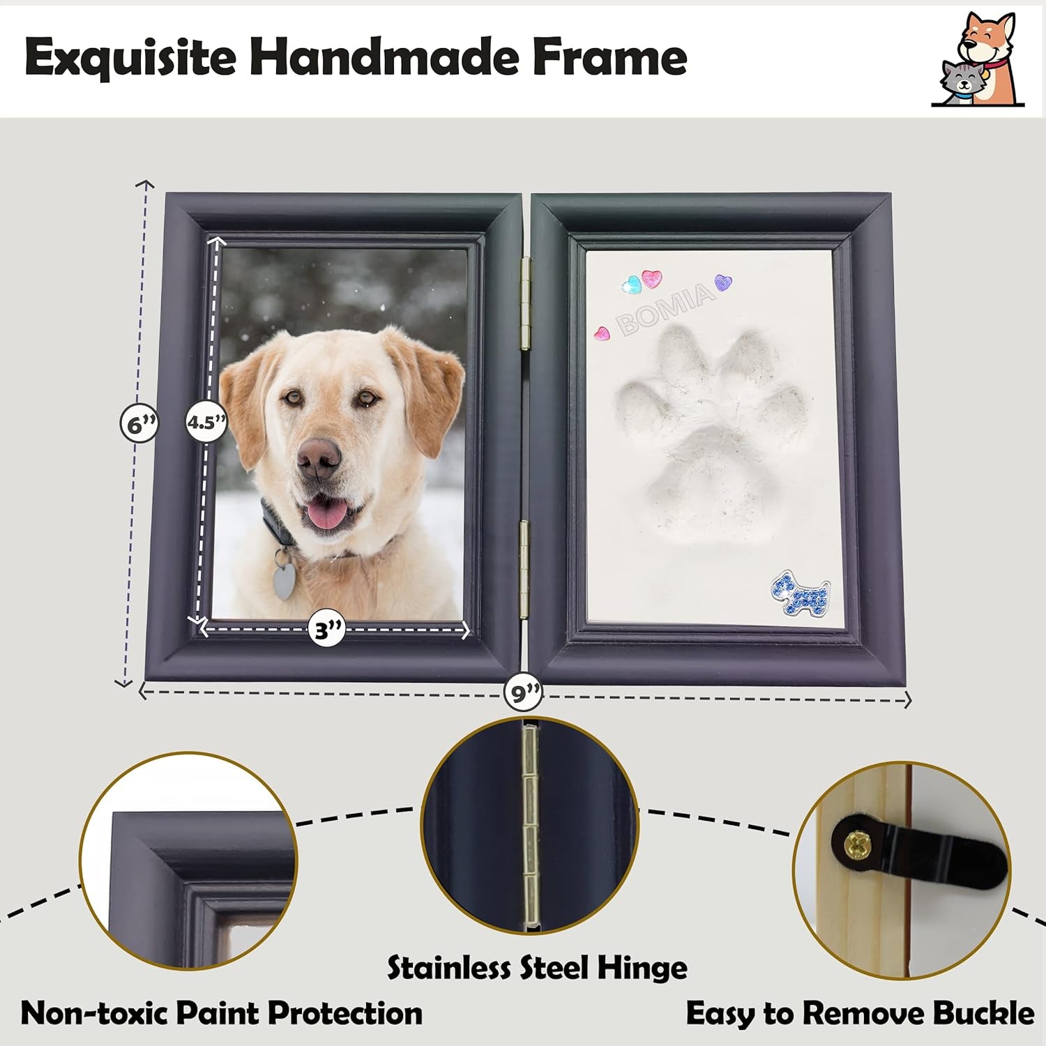 Dog or Cat Paw Print Frame Kit with Trinkets,Large Pawprint Area,Pet Paw Print Impression Kit with Sofe Clay,Wooden Dog Picture Frame,Personalized Gift Keepsake for Pet Lovers-Large Black