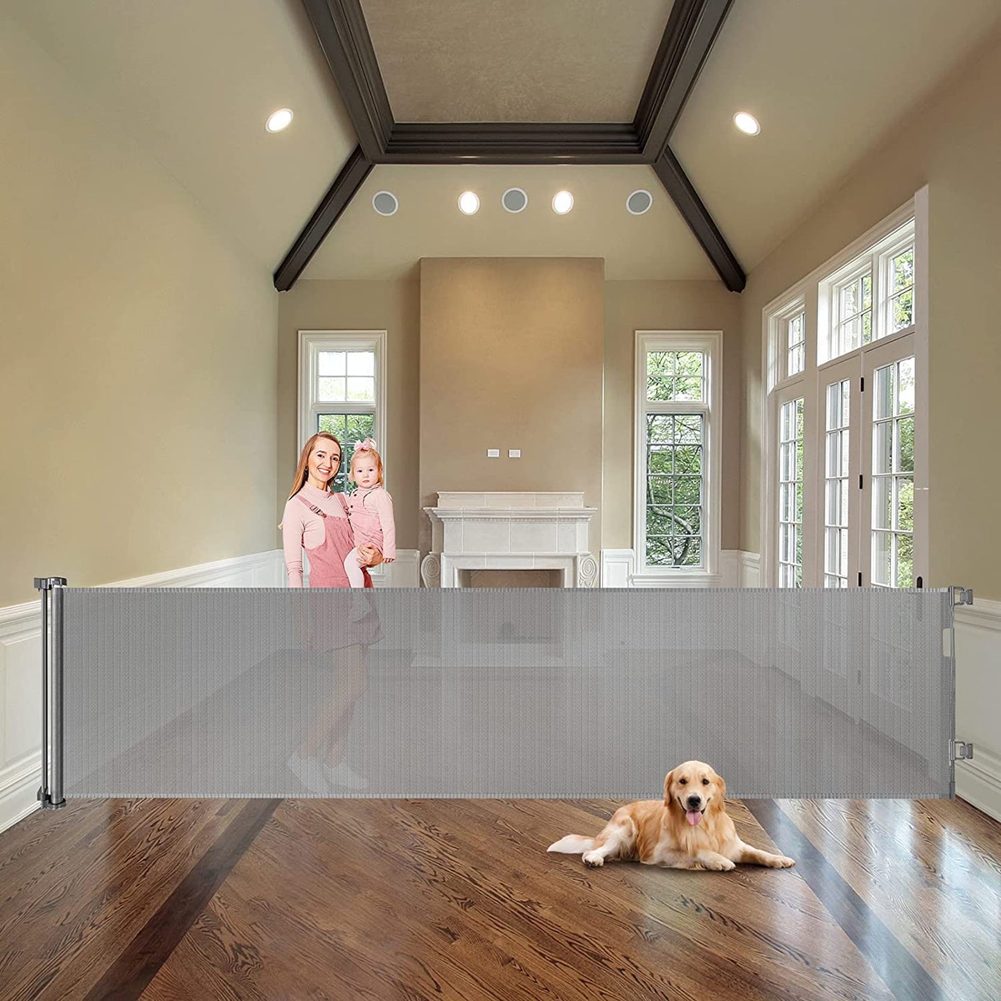 WOMHOM 100 Inch Extra Wide Baby Gate for Large Opening Outdoor Retractable Baby Gates for Doorways Extra Long Retractable Dog Gate Extra Large Pet Gates for Dogs Indoor Mesh Baby Gate (Grey)