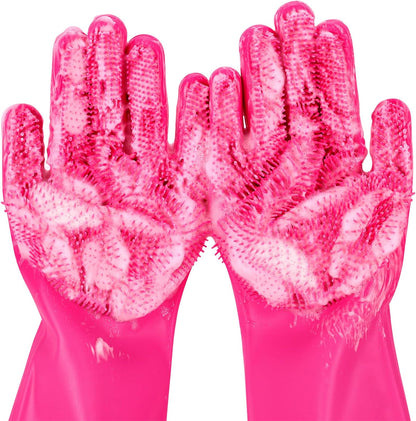 Pecute Pet Grooming Gloves, Heat Resistant Cat Bathing Gloves with High-Density Teeth, Silicone Dog Bathing Gloves with Enhanced Five Finger Design, Bathing and Massaging for Dogs and Cats Pink