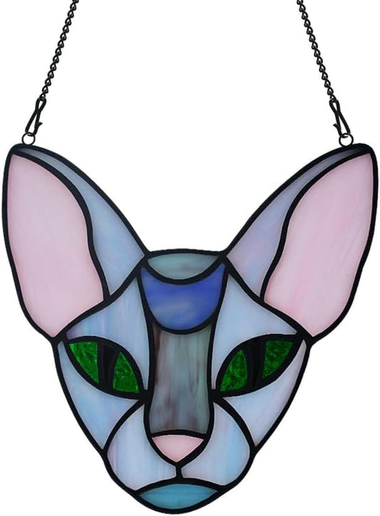 BOXCASA Cat Decor Stained Glass Window Hanging,Cat Suncatcher for Window Cat Decor for Cat Lovers,Funny Hairless Cat Themed Gifts for Women,Cat Home Decor for Living Room Bedroom