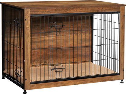 DWANTON Dog Crate Furniture with Cushion, Large Wooden Dog Crate with Double Doors, Dog Furniture, Indoor Dog Kennel, Dog House, Large, 38.5" L, Warm Brown