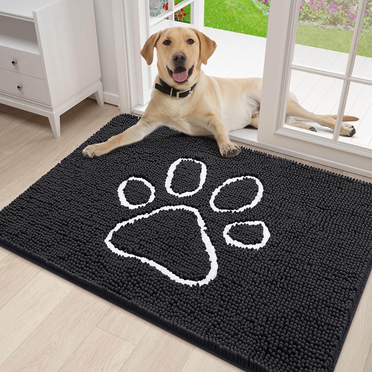 Smiry Dog Door Mat for Muddy Paws, Absorbent Dirt Trapper Non-Slip Washable Mat, Quick Dry Chenille, Mud Mat for Dogs, Entry Indoor Door Mat for inside Floor (30X20 Inches, Black)