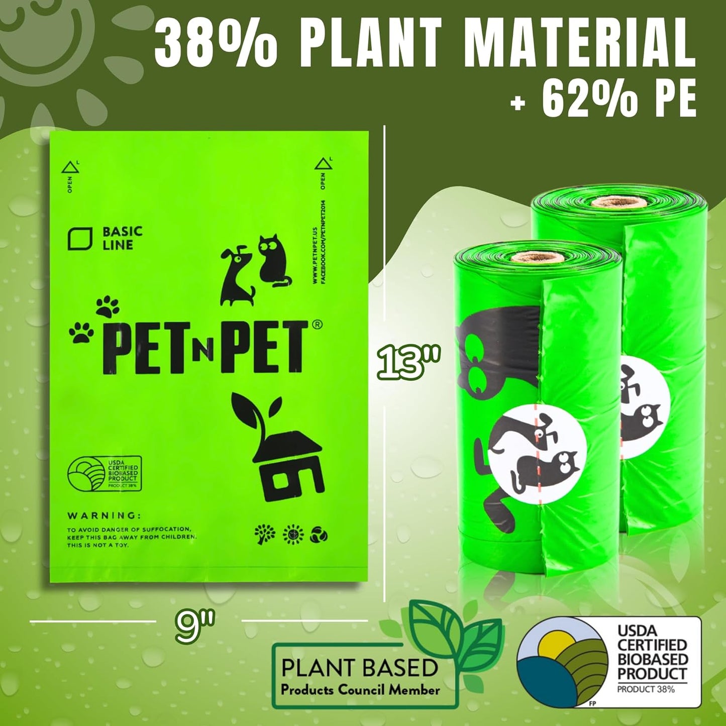 Pet N Pet 1080 Counts Black Poop Bags for Dogs, 38% Plant Based & 62% PE Extra Thick Dog Poop Bags Rolls, 9" X 13" Unscented Dog Bags for Poop, Doggie Poop Bags, Cat Poop Bags, Pet Waste Bags