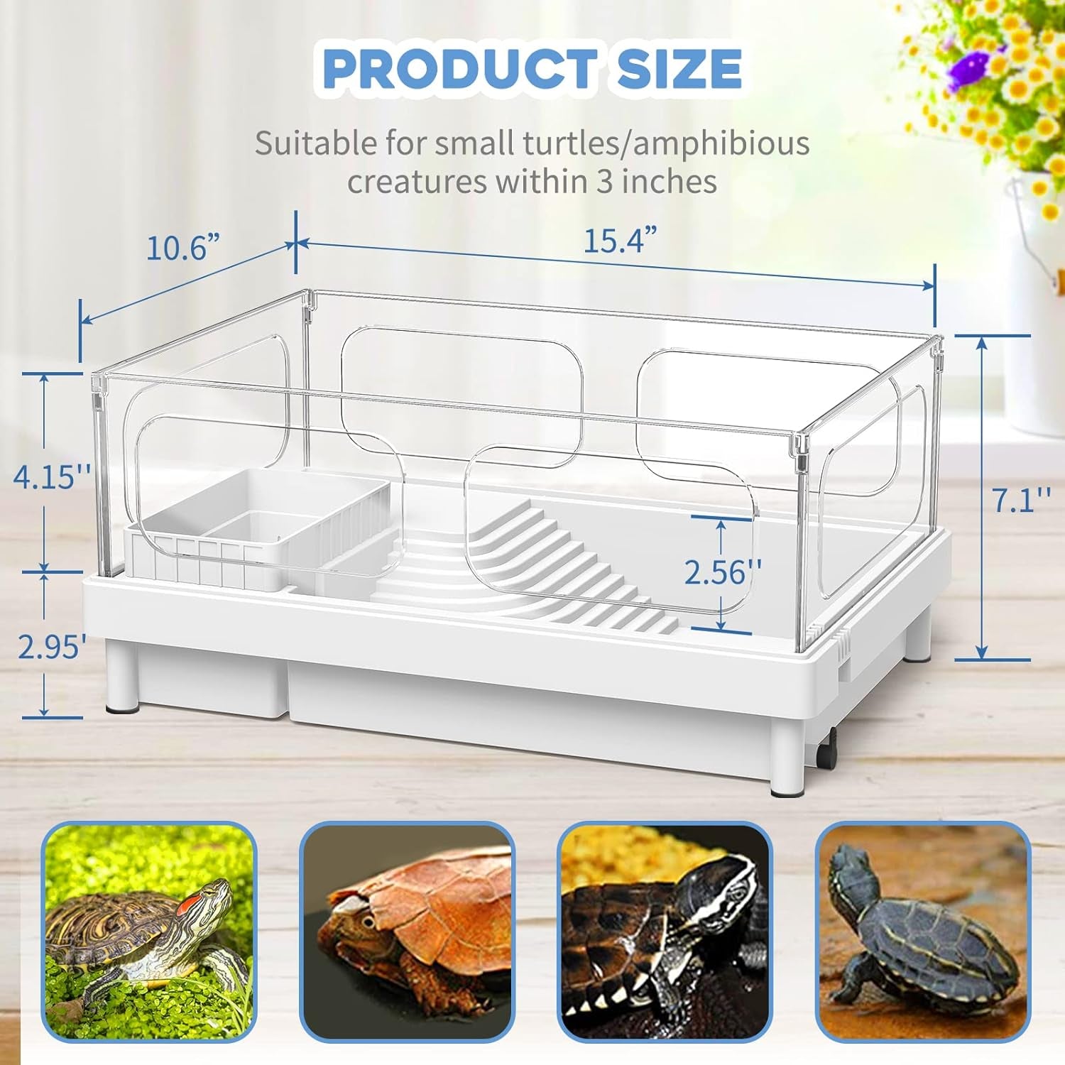 Small Turtle Tank Kit(Tank+Light+Filter), Acrylic Turtle Tank Starter Kit with Bask Platform, Bottom Drain, Multi-Function Area for Small Reptiles.(White)