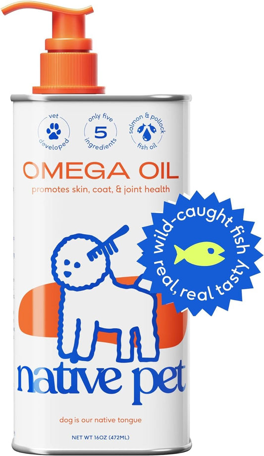 Native Pet Omega 3 Fish Oil Supplements with Omega 3 EPA DHA for Dogs Liquid Pump Is Easy to Serve, Supports Itchy Skin + Mobility - a Fish Oil Dogs Love! (16 Oz)