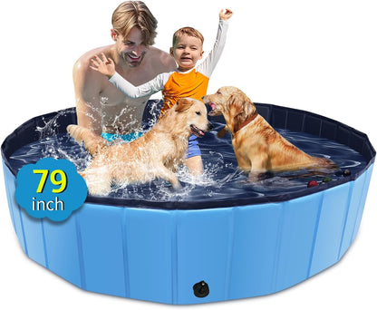 Foldable Dog Pool, 79" X 14" Large Kiddie Pool with Hard Plastic, Non-Slip Dog Bath Tub for Outdoor Backyard, Collapsible Dog Swimming Pool for Kids Dogs Pets (Blue)