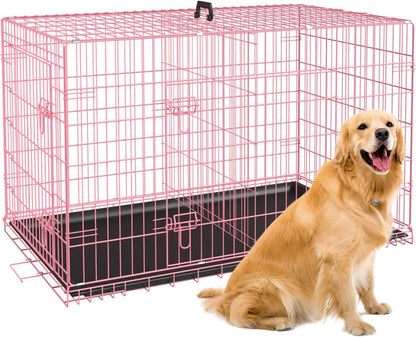 Bestpet 24,30,36,42,48 Inch Dog Crates for Large Dogs Folding Mental Wire Crates Dog Kennels Outdoor and Indoor Pet Dog Cage Crate with Double-Door,Divider Panel, Removable Tray (Pink, 42")