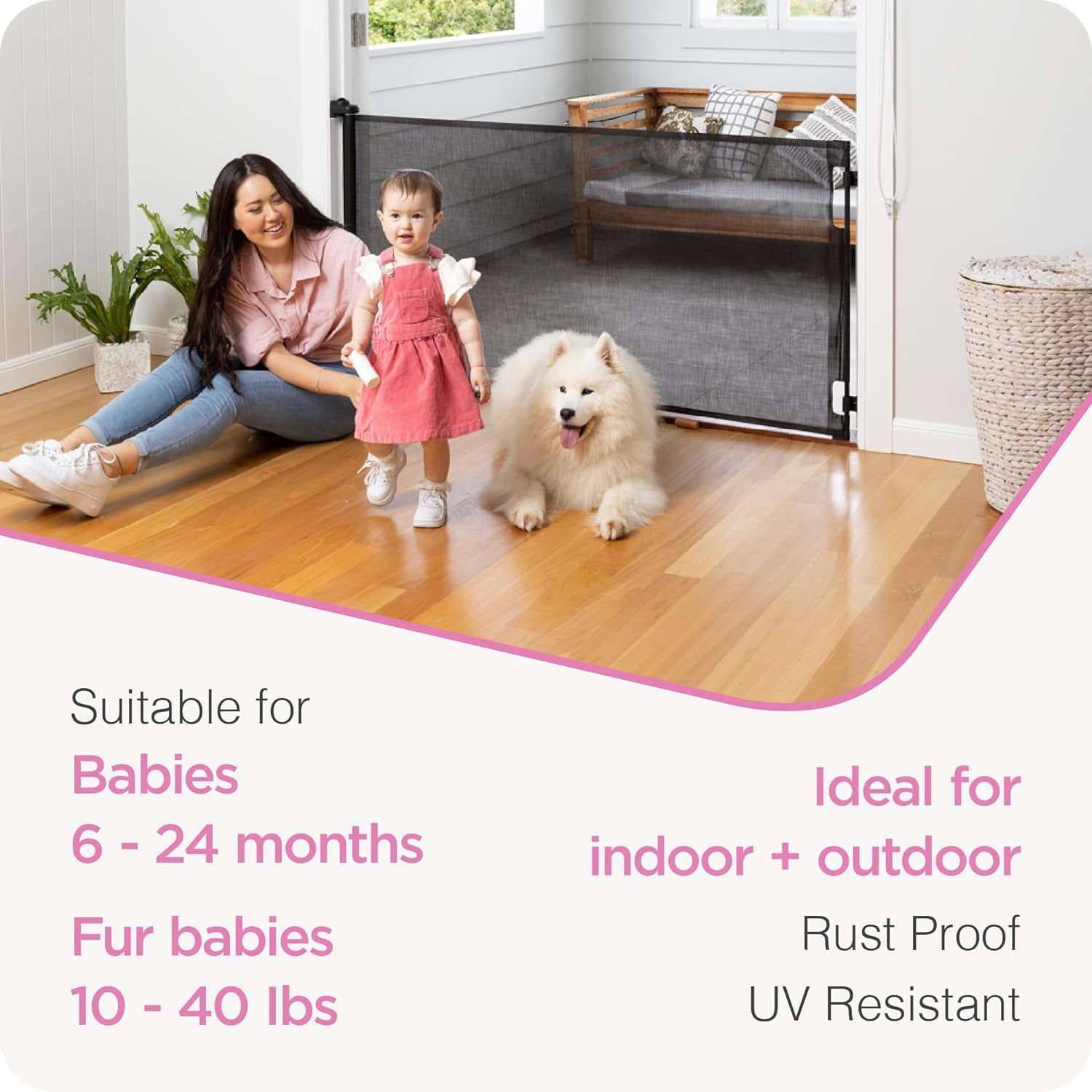 Retractable Baby Gate Perma Child Safety 33" Tall X 55” Wide, Mesh, for Stairs, Doorways, Dogs, Pets, Indoor, Outdoor, One-Handed Operation, Locking, Easy Install, Hardware Mount, White