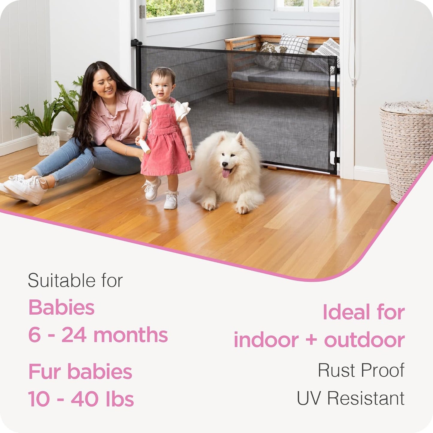 Retractable Baby Gate Perma Child Safety 33" Tall X 55” Wide, Mesh, for Stairs, Doorways, Dogs, Pets, Indoor, Outdoor, One-Handed Operation, Locking, Easy Install, Hardware Mount, Black