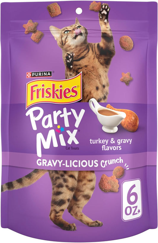 Purina Friskies Cat Treats, Party Mix Gravy-Licious Crunch Turkey and Gravy Flavors - (Pack of 6) 6 Oz. Pouches